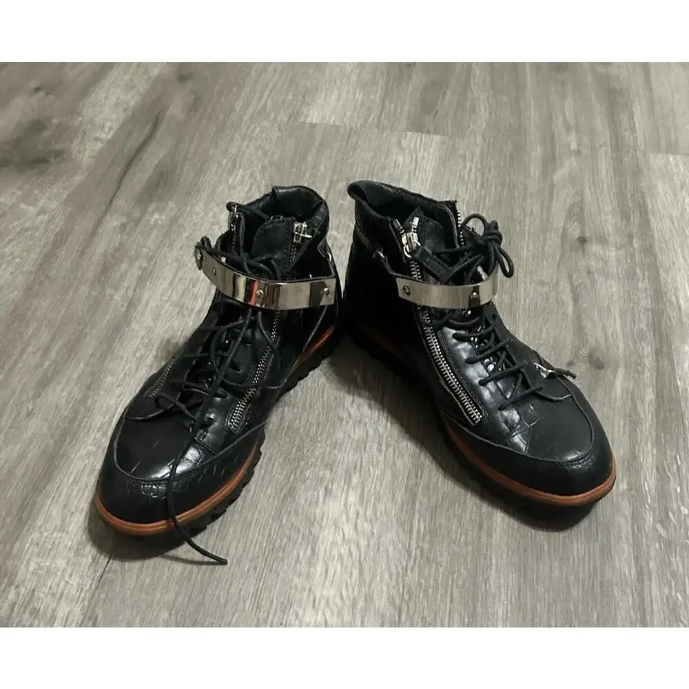 Giuseppe Zanotti Black Croc Embossed Leather High Top Sneakers Double Zip EU 39